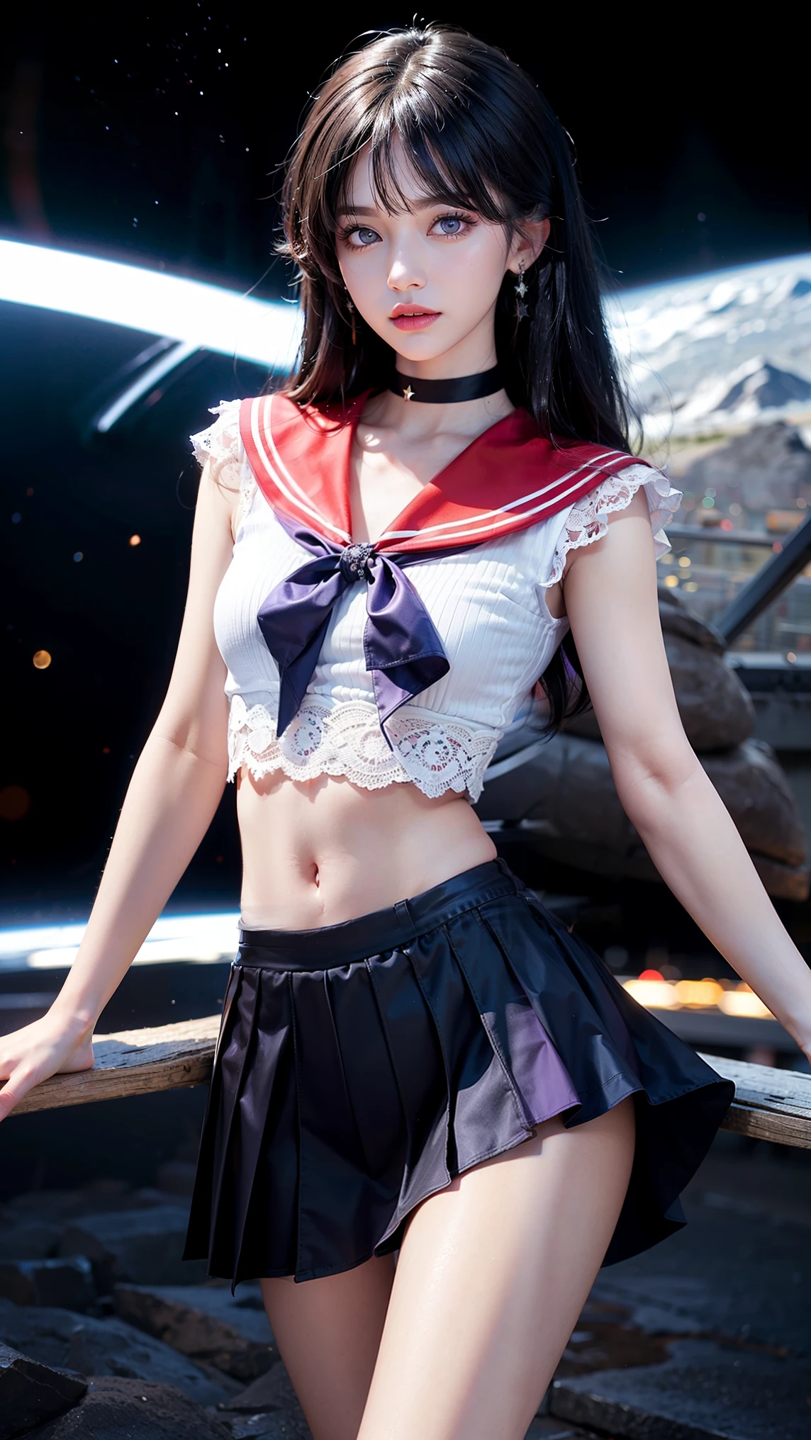 One girl,Long Hair,（Hands horizontal to the side in Christ pose）Large Breasts、Narrow waist、Wide Hips (high quality,8k,Black Hair, Realistic, 最high quality,masterpiece,Super detailed, Absurd)1.5,((SAMA1, tiara, Sailor Warrior Uniform, Her clothes are ripped and her underwear is visible.、White gloves, Red sailor collar, Red Skirt)),Night City,White gloves,Purple ribbon,Purple eyes, (Magical World,fire),High heels,slave、Chain、