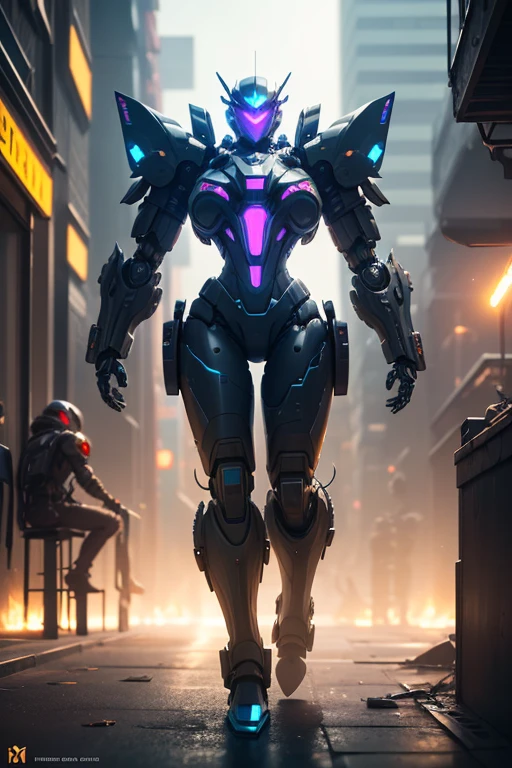 A cyberwoman stands in front of a mech