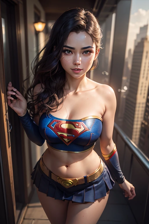 Mia Khalifa,Mulher bonita cabelo curto corpo definido seios grandes, vestindo cosplay de Supergirl, realistic hands and