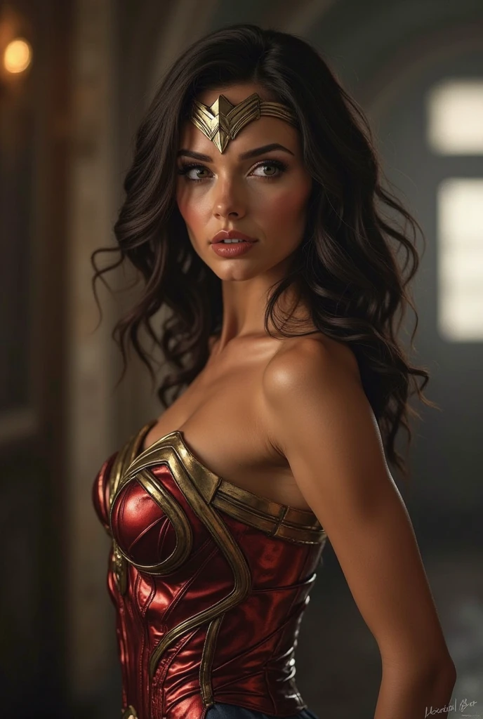 a beautiful wonderwoman, gal gadot, wet at showering in the bathroom, full body, wide shot, realistic, highly detailed, photorealistic, 8k, hyper-detailed, masterpiece, intricate details, dramatic lighting, cinematic, flowing wet hair, water droplets, porcelain skin, muscular physique, determined expression