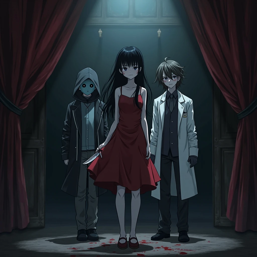 Young anime boy of 17 with black hair and a jazz hat with a white shirt and a black tie and a blue jacket and black pants and black shoes. The young man is bleeding and has blood all over his shirt, kneeling in front of a church with graves behind him, ghosts of girls and boys with a disinterested expression and his mouth to the side with blood and the surroundings are at night with a waning moon.