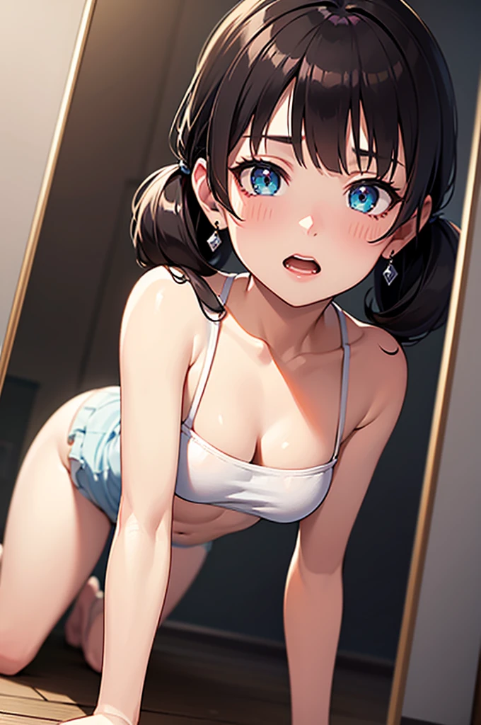 (Superflat, Flat Shading, flat-colors:1.1)、(Magazine Cover)、Illustrations、(one asian boyish girl)、(cute little:1.2)、very beautiful 14 year old cartoon girl、Great smile、cheeks are reddened、(High Detail Skin: 1.2)、photorealistic anime girl render、realistic anime 3 d style、cute littleボブカット、Beautiful brown hair、Intense black eyes、Strong highlights of the eyes、(A detailed、medium chest)、Perfect Anatomy、hair messy、Pretty underwear、((Beige panties that are transparent with sweat))、((Wet with water))、On the bench、Sit up、From below、((from the front side))、Show off your cute bra、Panties with a small area、Angle from your feet、Angle from below、((Angle looking up from below、Crotch show off))、studio with mirror、Volumetric lighting、Soft light、Bright、neons、Vibrant colors、watercolor paiting、