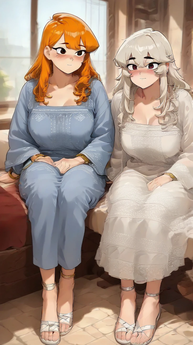 kemono,mesukemo,2 furry girls, 2 kemono girls,cat girls,, huge tits,sag eyes, shy face, long hair, (huge tits:1.2),fbody, bliaud,frilly long dress,long skirt, tucking up skirt,up skirt, showing panty,showing bheer panty, pantyhose, caoe, bed