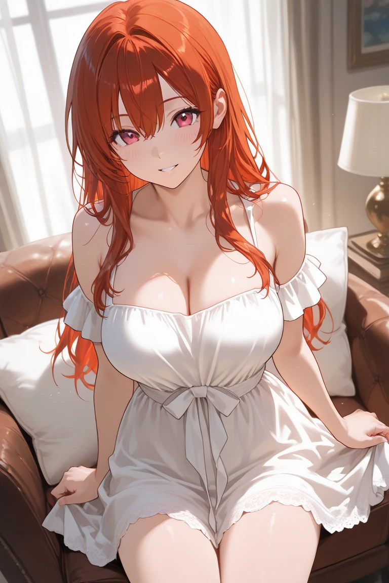 Anime, a glamour shot of a smiling Rias Gremory (extremely long wavy red hair), enormous breasts, big ass, Sitting demurely with her legs crossed on her bed, arms above her head, leaning toward the viewer, cowgirl, with Smokey eyes and knowing smile, sexy revealing lingerie, underboob, side boob, insanely detailed face and eyes, intricate, hyper-detailed bedroom, digital illustration, masterpiece, beautiful eyes, atmospheric lighting, centered, perfect anatomy, glowing eyes, candid portrait, clear, very detailed, smooth, sharp focus, focused on the viewer