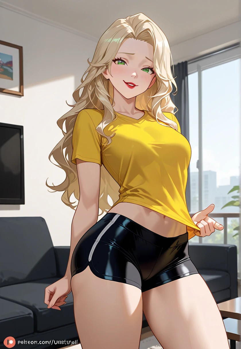 (hight resolution:1.5), (ultra-quality:1.3), (Highly detailed:1.3), solo, only one person, Beautiful 30 years old, masterpiece, Delicate beautiful face, Delicate hands, extra detailed body, (((femboy))), ((youthful appearance)), ((Luxuriously loose blonde locks cascade around a delicately featured face with golden eyes)), blonde, golden eyes, agile body, fit body, ((flat chest)), ((very flat chest:1.5)), (wide hips), female legs, nice butt, fit butt, (((male female:1.5))), (((living room background:1.5))), ((tall:1.5)), ((visible bulge:1.5)), ((crotch bulge:1.5)), ((gym pants:1.5)), ((yoga pants:1.5)), ((crop top:1.5)), ((gym top:1.5)), ((mature)), ((dilf)), ((milf)), (((sitting on the couch:1.6))), ((adult:2)), ((adult male:2)), ((adult female:1.5)), ((adult woman, adult man)), (((170 centimeters tall:2)))