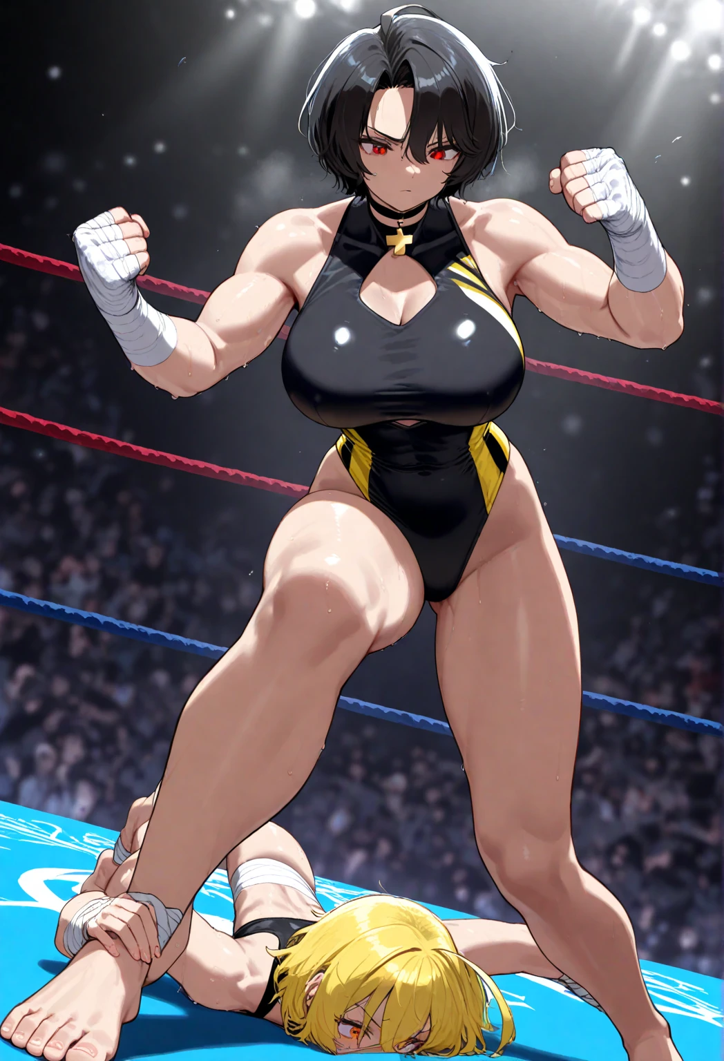 Masterpiece、Highest quality、Full Color、Photorealistic、とても分厚い筋肉女子wrestling、Dynamic Pose、leotard、Dazzling Light、wrestling、An enthusiastic crowd watches、Two very thick muscle girls in sheer latex wrestling outfits posing for a photo、very macho、Sweaty and intense orgasm face、