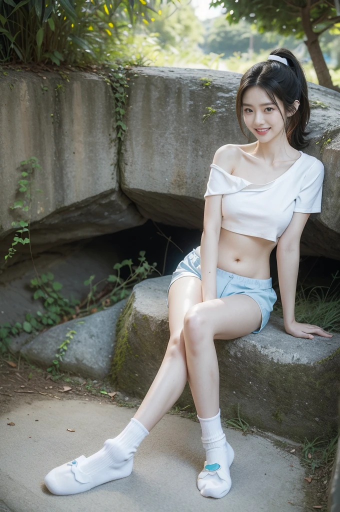((best qualtiy)), ((tmasterpiece))A Asian woman,lies on the ground,camisole,short skirt,Very long legs,Ultimate temptation,Barefoot