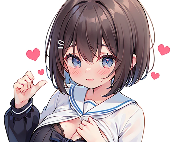 (best quality), (Super detailed), (Best Illustration), (masterpiece), score_9, score_8_up, score_7_up, 4k, (nsfw), high contrast, (1woman), (lying), (hands on own chest:1.2), (a lot of cum on stomach:1.3), (a lot of cum on breasts:1.3), {(white serafuku), (bra lift), (show off breast:1.2), (show off nipples:1.2)}, (large breasts:1.2), {(brown hair:1.2), (sideburns), (bob cut:1.3), curly hair, hairs between eyes, colored inner hair}, {(detailed eyes), blue eyes}, earring, light smile, nose blush, (constricted pupils:1.2), (sweat:1.3), wind, (bed:1.3), ,