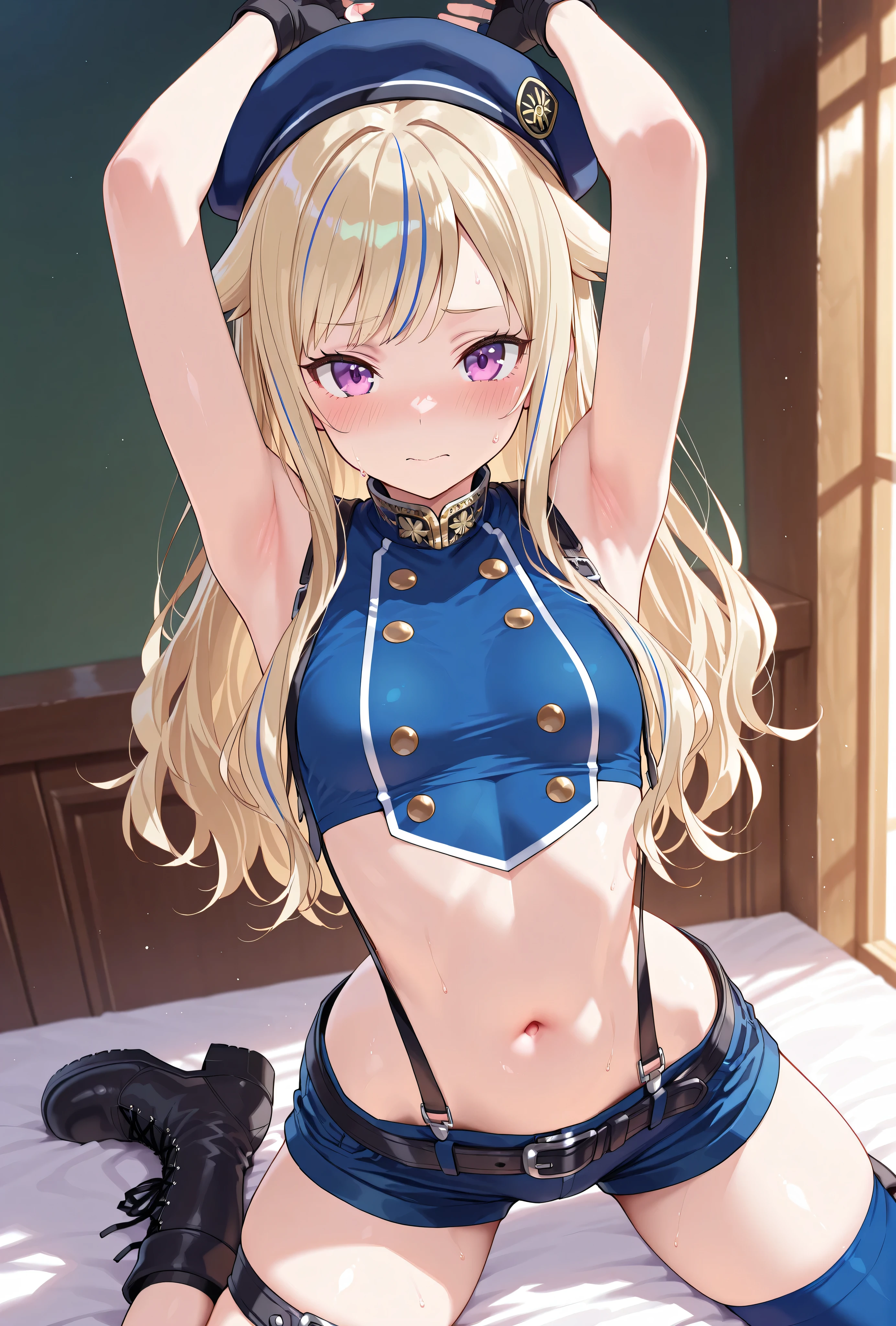 top-quality、realistic touch,high-detail、photoRealstic、thin-waist、captive beauty、big eye、solid platinum-blonde eyelashes、platinum-blonde、full body Esbian、Sparkling eyes, cheeks flushed、thin-waist、In the classroom of the school、She is in estrus、cocky expression、Super short skirt with V-line visible、Sleeveless、Navel look、small tits、Ponytail hair style、Naughty costume that is extremely short in length、Colossal tits、big butts、Angle from below、Big breasts visible between uniform and stomach、sexy pose、Clothes that are thin and see-through、Embarrassed look