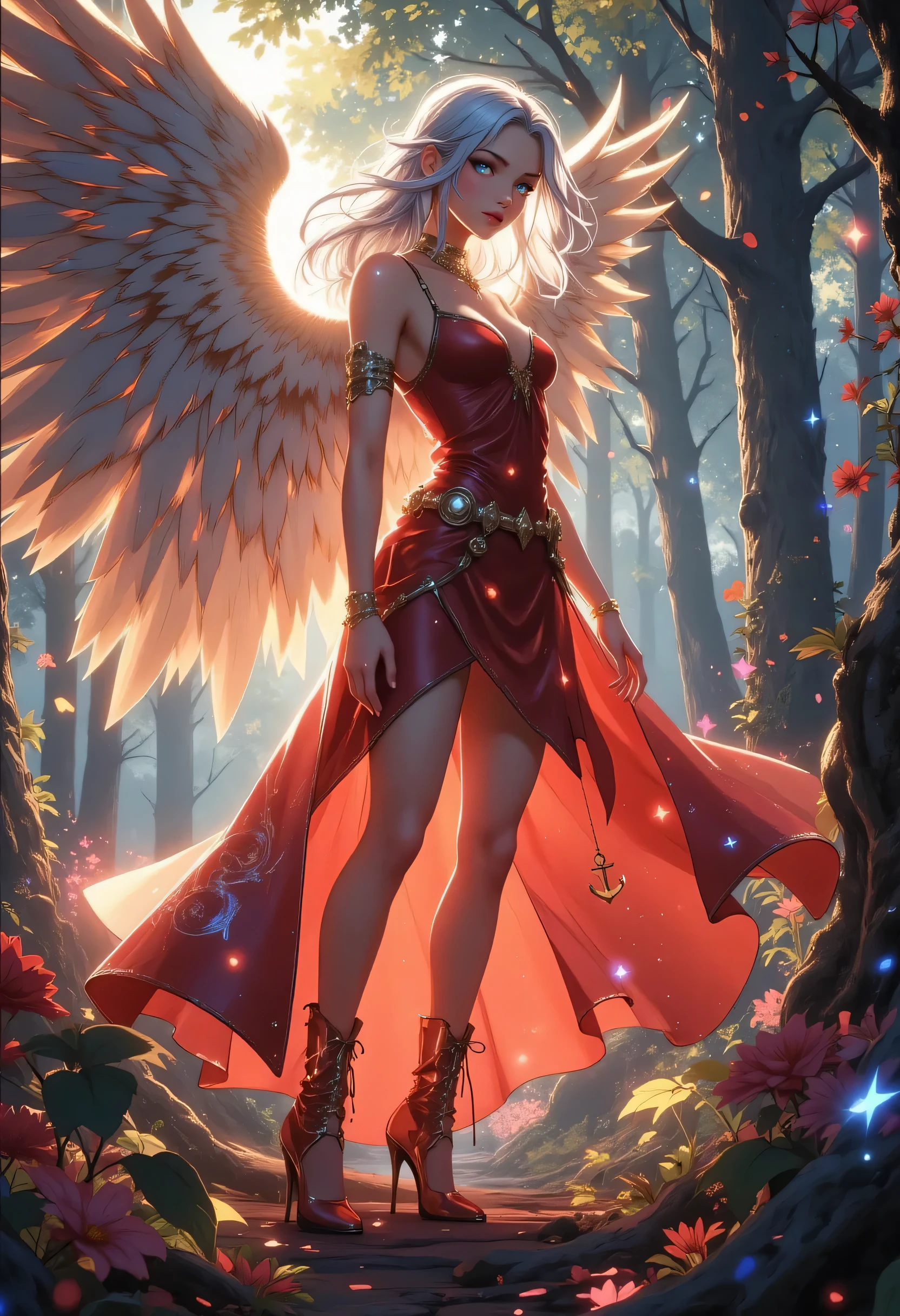 aasimar, female, angelic wings spread , flying over an enchanted forest , colorful trees, at dawn, sunlight, wearing red leather dress, small cleavage, high heeled boots, shiny silver hair, long hair, blue eyes, black hair, long hair, ponytail, bead necklace, anchor choker, makeup, dnd art, god rays, Gothic art, cinematic lighting, glowing light, silhouette, ultra-wide shot, from outside, Wide-Angle, Ultra-Wide Angle, 16k, highres, best quality, high details Celestial Fantasy, zavy-ctcmcs, hyp3rd3tail style, Celestial Fantasy, zavy-dtlnm, glow outlineת