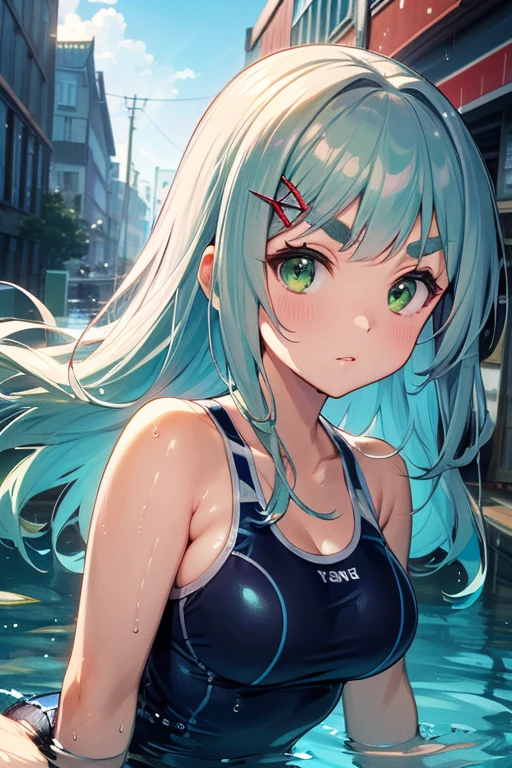 Anime style, 1 girl, Background Lake, lake, letho, bathing suit, upper-body, looks at the viewer