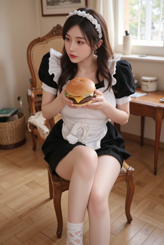 ((best quality)), (detailed), visage parfait, woman dressed in evening dress eats a hamburger with great desire. The hamburger is bitten with his mouth. Sale. Trash and trash cans around her. Elle mange sur une poubelle. En exterieur. En pleine nuit.