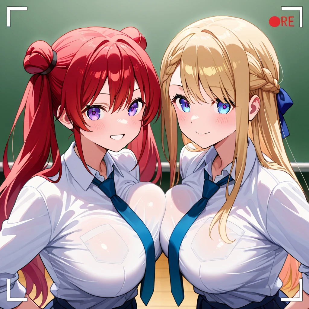 two sexy bubbly and cheerful women in kindergarten teachers outfits, kneeling, short curly orange and white hair, flirtatious smiles, looking at camera, view from above