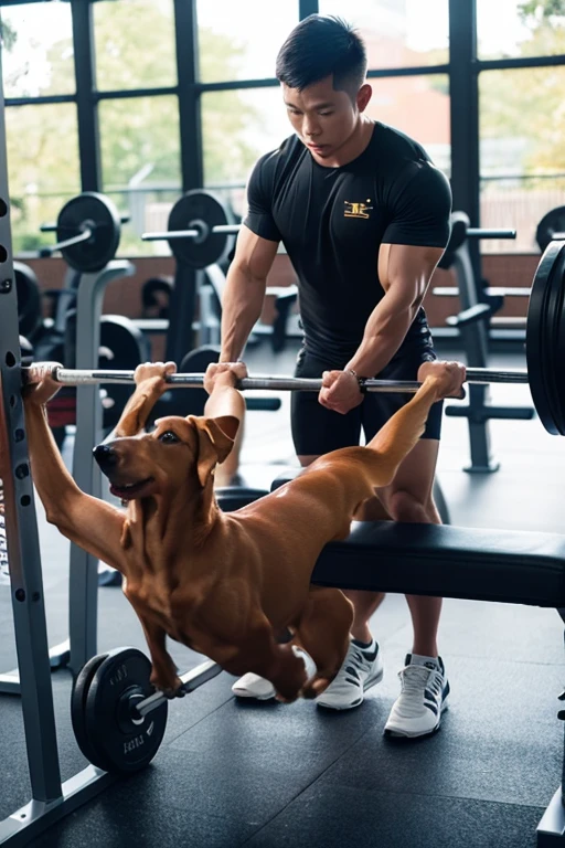 A dog in shorts with muscle at the gym