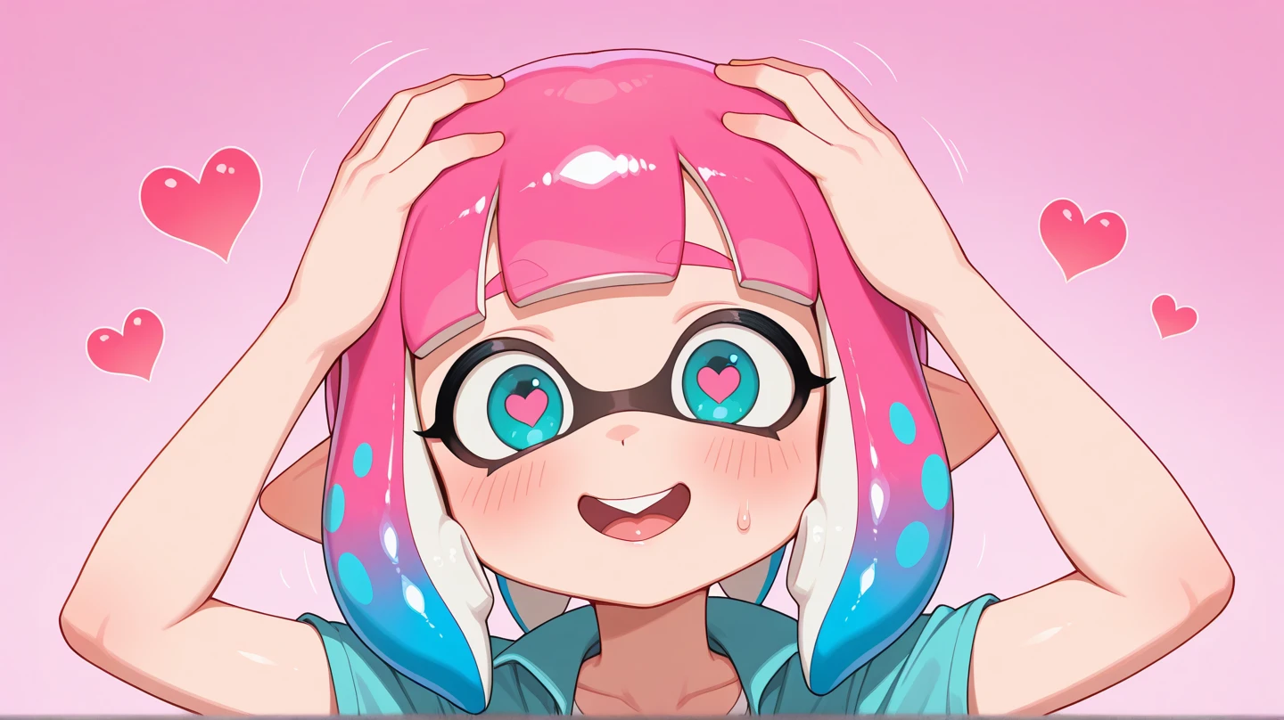 Splatoon Girl、3D anime、(from below)、close up of face、mouth wide open、Showing throat through mouth、tongue、tongueを突き出す、長いtongue、big breasts、cleavage、wet chest、cheek、Lipstick、