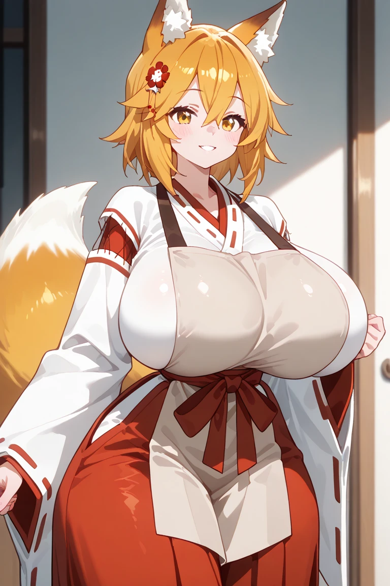 Highest quality、Semen on chest、Big Breasts、Cleavage、Fox ears、Long blonde、Red Eye、choker、Grinning、kimono、shrine