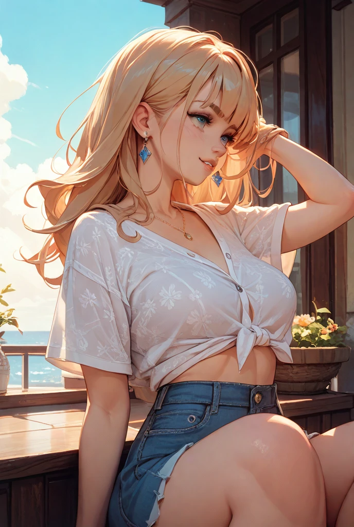 One girl, solo, Big round breasts, clevage, curvy body, realistic, blonde hair, light green eyes, amazing big eyes, eye details, eyebrow details, white crop top, denim skirt, big lips, blush, confident, dominant, bdsm, smirk, naughty, mischevious face, HD, good quality, crop top, curvy, standing up, lounge area