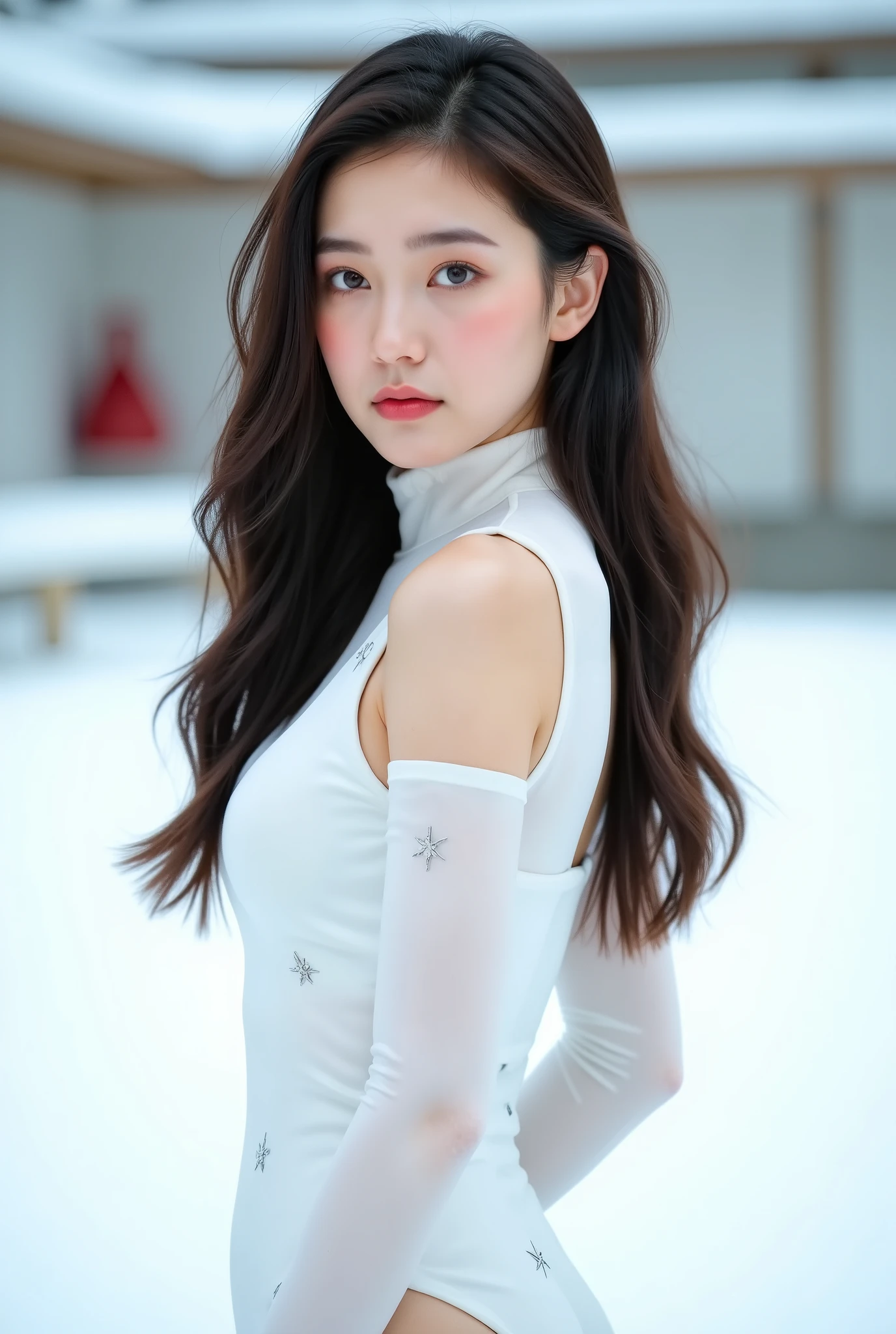 , 8K, Highly detailed face and skin texture , Big ass long haired asian girl wearing white latex clothes in the snow, and look at the audience, Rear View, Clarify the focus