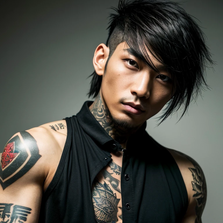 1 man, Japanese man, male, Asian eyes, muscular, broad shoulders, yakuza tattoos, hairstyle Visual Kei style, hair Visual Kei, black men's shirt and black pants, ultra detailed face, hyperrealistic, realistic representation, long hair, long hair, 30 years old, age 30 years, blond, blonde hair