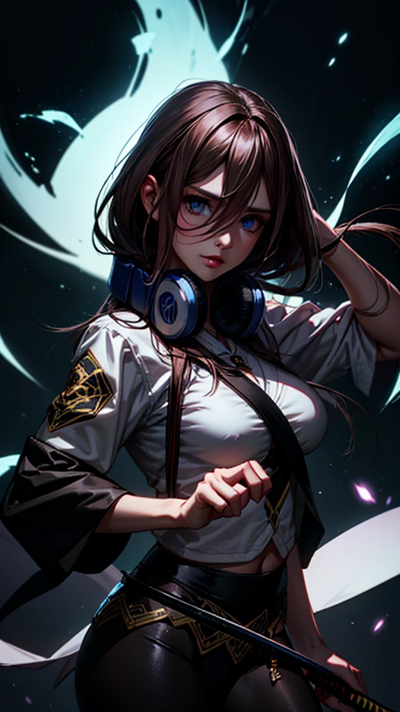 초상화, 귀여운 소녀, dark_elf, ((dark_skin, lustrous_skin)), (brown_hair, asymmetrical_bangs, hair over one eye, shoulder_length_hair), light_green_eyes, 빈유, hands_in_pockets, Boring_face, camisole, dolphin_shorts, black_rabbit_Hooded_zip_up, headphones around_neck, Just one headphone