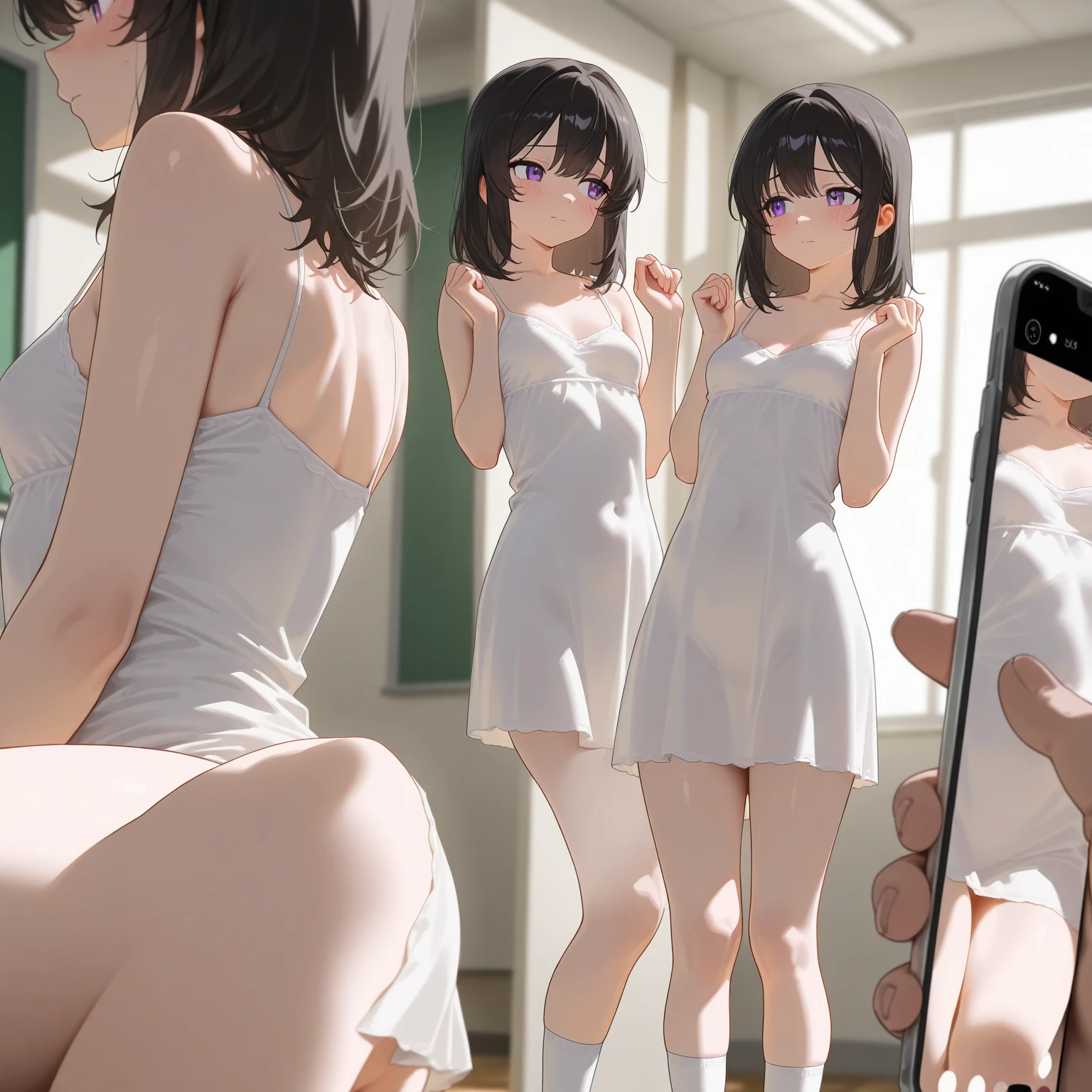 6 girls, sitting on a table, naked, showing ass, no clothes