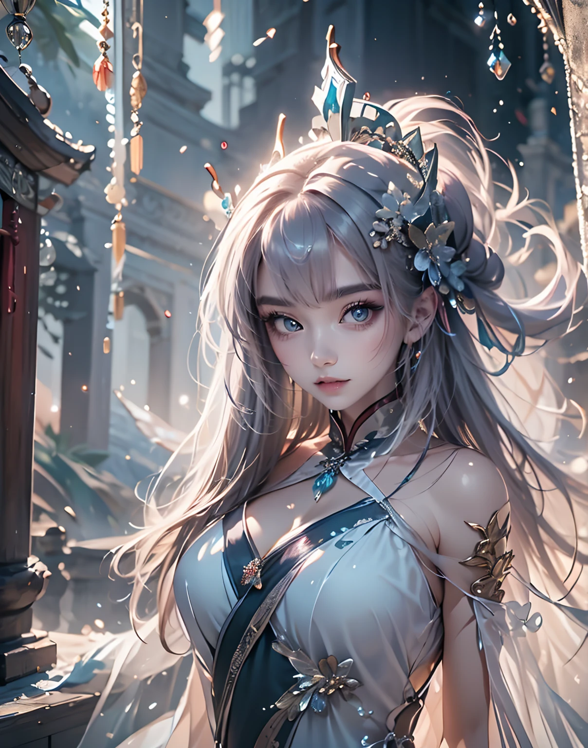 (Photoreal Stick:1.4, masutepiece:1..3, 8K), top-quality, masterpiece, 超A high resolution, Perfect dynamic composition, Professional camera work, Grow Light Effect, Mystical portrait, Cinematic Light, Highly detailed skin and facial texture:1.3, The ultra-detailliert, A detailed eye, (Shining metal objects floating in the air and surrounding her.:1.3), (myterious:1.3, Fanciful:1.2, tradition:1.2, majestueux:1.2), 1girl in, 25-years old, cute sexy slim female god, Fair skin, (Enraptured look:0.9, Totally captivates you:1.0), (silver japanese kimono:1.3 off shoulder), (voluptuous breasts:0.9), (Backshots, Calm pose), (Beautiful blue eyes, Eyes that feel beautiful eros:0.85), Sexy face:0.4, (A mouthfeel that feels beautiful eros:0.85), ((Too cute beauty:0.9))