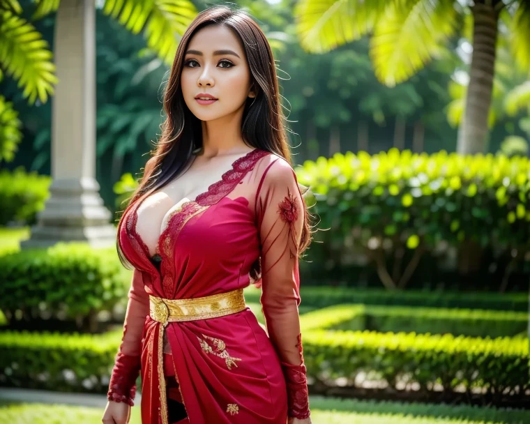 masterpiece, ultra realistic,32k,intricate details, sharp focus, realistic, closed, seductive pose, black eyes, jewelr, lips, realistic, looking_at_viewer, irene1, wet skin, shiny skin, long sleeves, indonesian clothes, bali, balinese, cityscape, dynamic pose, red kebaya,full body,busty body,curvy body,long hair,beauty face,cowboy shot