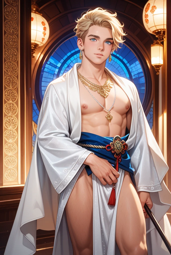Japanese male model, adult, handsome, perfect face, detailed eyes and face, clean shaved, sixpack realistic, white eyebrow hair, white eyelashes, dynamic lighting, unreal engine 5, hd picture, satoru gojo, white hair, short hair ,hair between eyes ,blue eyes, white skin, Short jeans