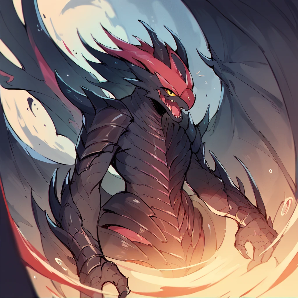 a ferocious male lizardfolk, anthro Glavenus, solo, scaly detailed body, full body, crimson red and black color body, red eyes, giant blade tail, comicbook style, best quality, 4k, ultra-detailed, by laobai, by taran fiddler, by honovy