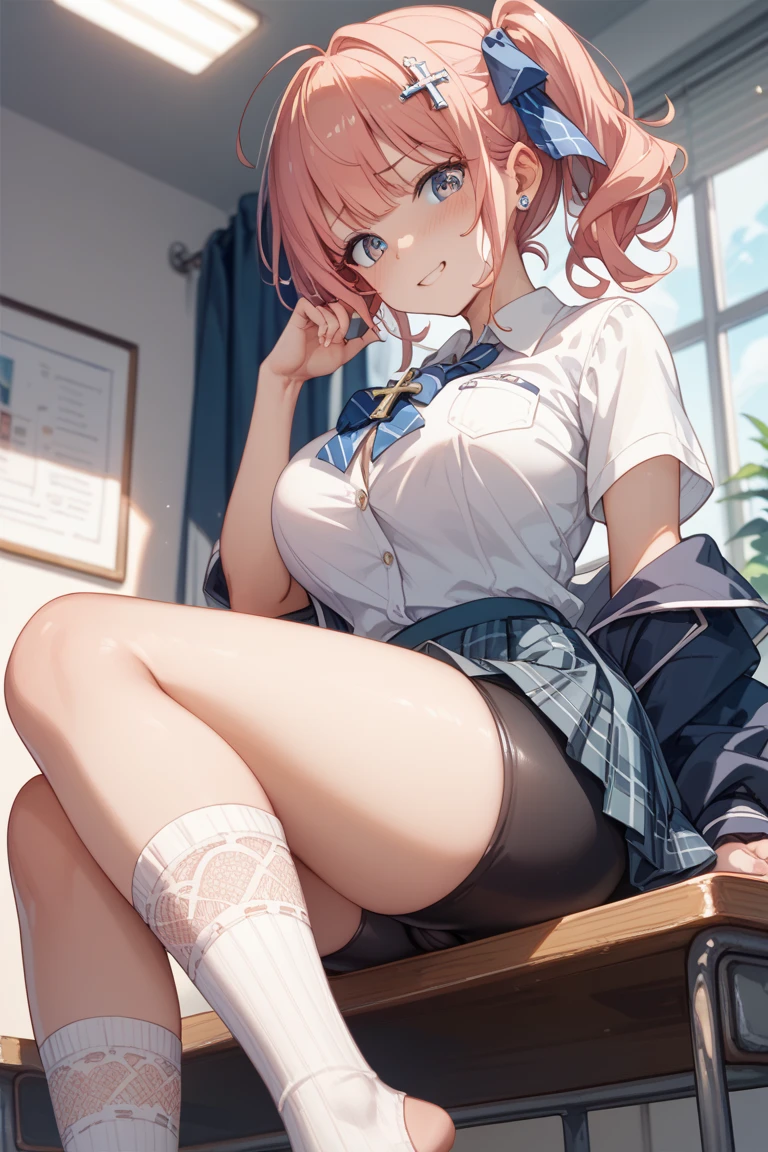 Solo, Delicate Face, Long Eyelashes, Slender Eyes, (High Ponytail: 1.3), (Red Eye: 1.3), (Pink Hair and White Mesh: 1.2), Big Cleavage, Slim, Skirt, Tartan Check, Infirmary, Angle from Below, Uniform, White Shirt, Blue Lace Bra, Sweat, Nipples, Sitting on a Chair, Open Legs Wide, Full Body, T-Front, Crotch