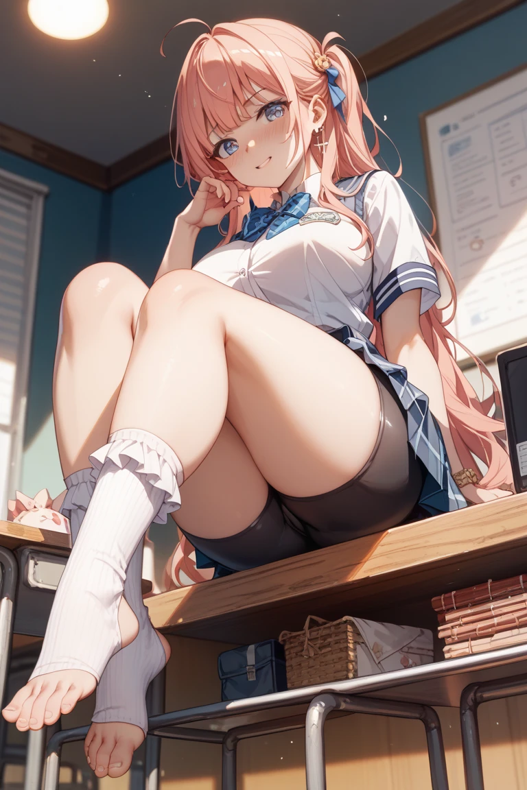 (masterpiece:1.2),best quality, highres, bright background,amusement park,advertise,poster,
hitori gotou, blue eyes, cube hair ornament, hair between eyes, hair ornament, pink hair, one side up, long hair, masterspiece, beste Quality, Small_Breast, looking at the viewers Student uniforms, tokiwadai_School_uniform, whiteshirt, Sweater Vest, grey skirt, White loose socks, shoes, little, (white panties:1.5), groin, perineum, (spread legs, knee up:1.5), blush, smile, medium breasts, sitting, on desk, cowboy shot