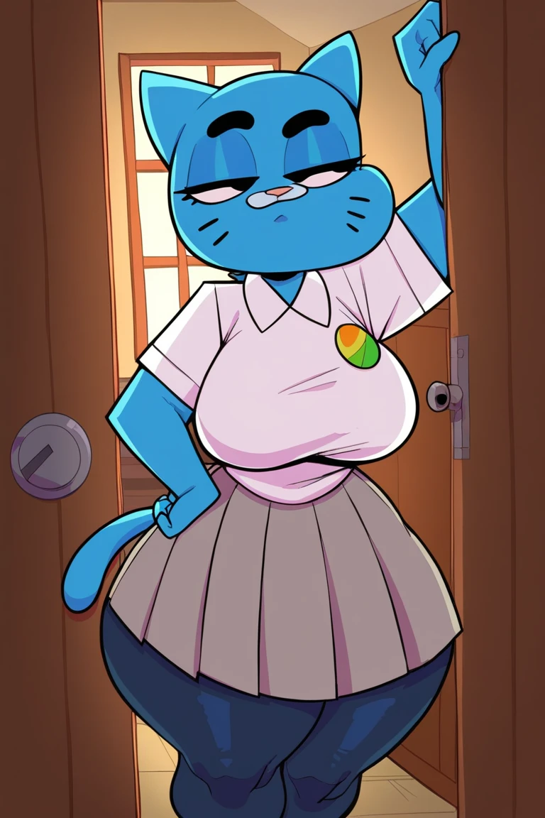 highly detailed photo, sharp details, masterpiece, best quality, realistic, 4k RAW, photo, <lora:Mrs. Katswell:1>, cartoon charater, female, furry, cat, tan fur, black hair, green eyes, blue dress, apron, (thick thighs:1.3), (wide hips:1.4), (cellulite:1.1), (large boobs:1.3), lying, on bed, <lora:BGV5EX:1>