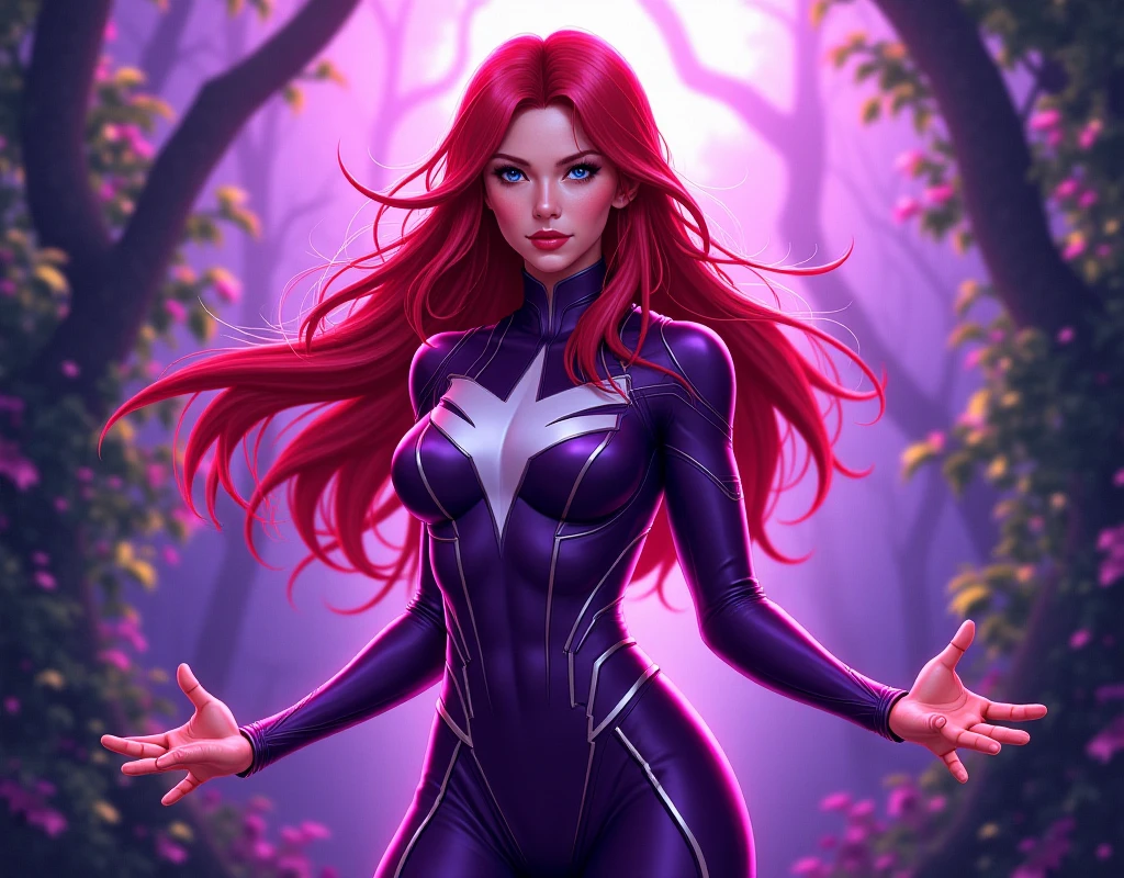 (Jean Grey), Xmen 97, a beautiful woman with long red hair, detailed face, piercing green eyes, wearing a blue and yellow costume, x-men 97 style, dynamic pose, muscular body, cosmic powers, dramatic lighting, cinematic composition, photorealistic, award winning digital art