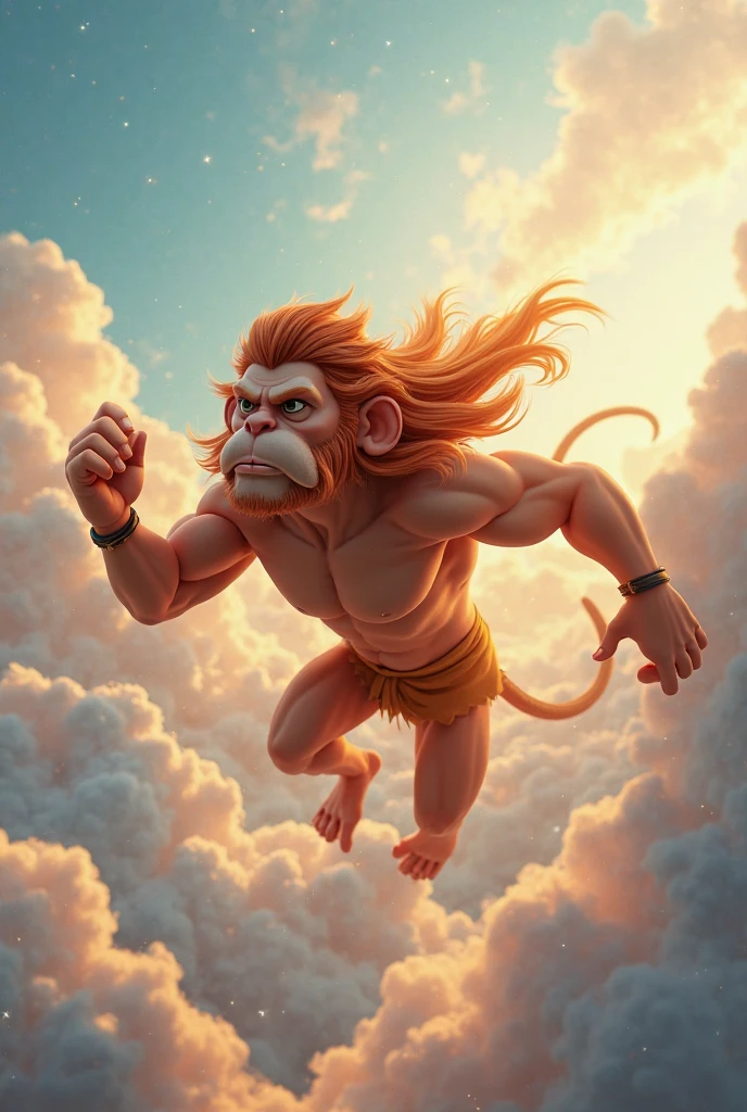 In cenamatic 3d cartoon style"Hanuman flying through the sky at great speed, his tail extended and the wind rushing around him, with a backdrop of clouds parting.