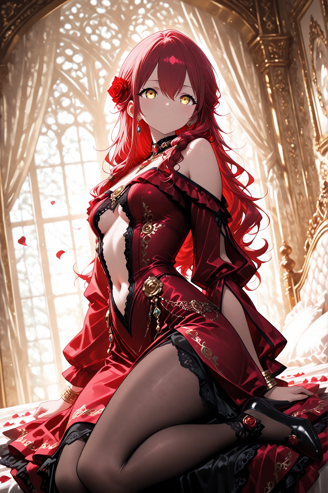 "anime girl, 1 person, bright red hair, shoulder length hair, dark red eyes, small hat, red hat with gold trim, maid, maid outfit, lolita,big breasts, pants stockings, crossed legs, smiling smiling, solo, front view (full HD 4K+ photo)"