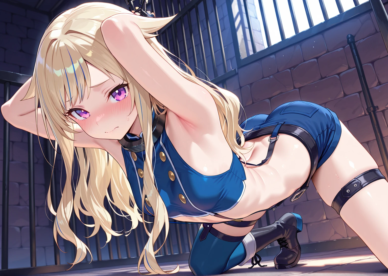 Shiny blond hair, very long hair, sophisticated haircut, ((((hair fully braided)))), ((small twisted braids)), thin and oval face, submissive, ((((black maid dress)))), cute and blushing 18 years old anime girl, look away because she is embarrassed and blushes, bright blue eyes, detailed face, detailed members, detailed arms, detailed hands, Girl lying, tied by ropes, shackled, can no longer move, tied tightly, very hard tied up with lots of ropes, hampered by so many ropes that she can no longer move, bound hands and feet, ropes tie his whole body, tied extremely tightly and forcefully to her bed by a lot of ropes, its limbs are strongly tied together by ropes, his torso is tied up with thick cords, her chest is so tied up with ropes that it sticks out, her legs are tied tightly with thick ropes, his hands are tied behind his back with ropes, she can no longer move her feet, her hands which are tied by thick ropes, she desperately tries to free herself, likes to be tied tight with big ropes, likes to be immobilized by big ropes, lying down, his hands and feet are strongly tied to the railing of his bed, his legs are pressed together and tied with ropes, its limbs are held vigorously by imposing ropes, her hands are tied securely behind her back by ropes, her chest is compressed by strong ropes, she is pressed against her bed and restrained by large ropes, (shibari, arms behind the back:1.4), (hands on the back), (masterpiece, best quality) 1.5, 1girl, solo, (sexy, beautiful woman, perfect face, perfect eyes, perfect hands), samus aran, (hands on the back), Spread the legs, s' ((lie in bed by big ropes)), ((close up of the girl)), ((((lie in bed)))), ((((arms tied behind the back, Legs Tied,La fille est allongée sur le ventre, La fille est allongée sur le sol:1.5)))), ((((girl seen from behind:1.4)))), ((((girl lying down on her stomach:1.4)))), ((((Outstretched arms:1.5)))), ((((Detailed hands:1.5))))