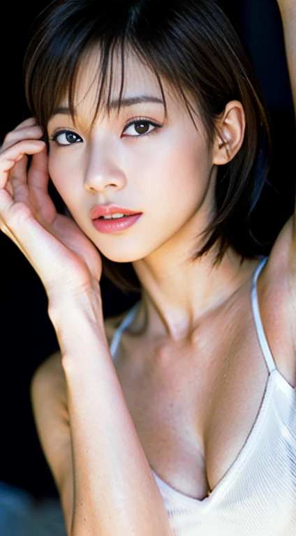 (in prison cell)、Woman with a whip、((highest quality、8k、masterpiece:1.3))、sharp focus:1.2、beautiful woman with perfect figure:1.4、slender abs:1.2、((layer cut、big breasts:1.2))、(rain、street:1.2)、wet body:1.5、Highly detailed face and skin texture、detailed eyes、very short hair, studio,BDSM,slave,rubber、dress