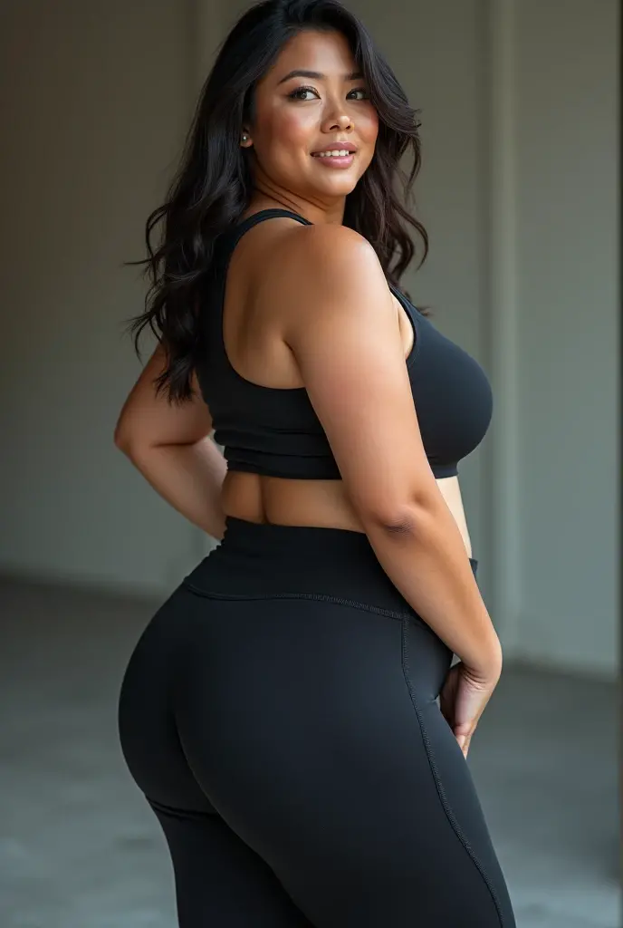 [[((young attractive Asian woman:1.5)), ((Sophie Tan:1.4)), standing against a gym wall, with her back to the camera. She is wearing ((tight, wet compression shorts that accentuate her buttocks and a crop top that is slightly see-through:1.2)). Her hair is styled in a messy bun, and she has a seductive, intense gaze over her shoulder. She is visibly sweaty, making her clothes cling to her body. The background features gym posters, workout equipment, and a water bottle. The scene is captured with a ((full-frame DSLR:1.2)) using a ((50mm prime lens:1.2)) to keep the woman in sharp focus while the background is slightly blurred. Post-production enhances the natural colors and adds a ((soft bokeh effect:1.1)) to the background. The image should be in ((8K resolution:1.1)) with ((hyper-realistic detail:1.3)). The backdrop emphasizes the gym wall with detailed textures of posters and equipment. The focus is on the woman's wet compression shorts and see-through crop top, capturing a seductive and intense look. Natural gym lighting is used with slight enhancements to create a bright and energetic atmosphere, with a ((soft bokeh effect:1.1)) on the background, enhanced vibrancy, and high contrast to make the scene pop. She is standing with one hand on her hip, looking seductively over her shoulder, exuding confidence and allure, embodying gym chic.]]