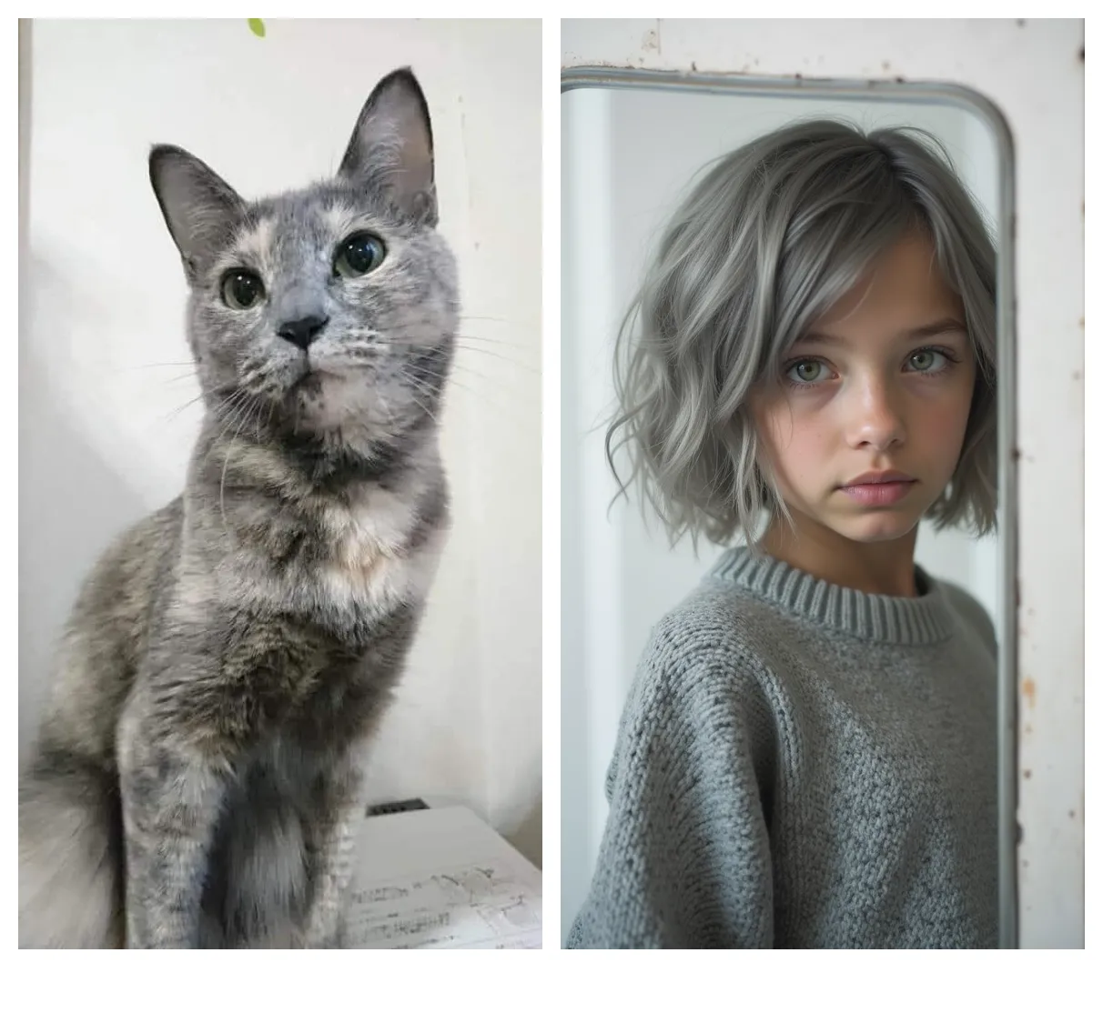 Generates an image of a boy with brown curly hair with a gray cat on his back 
