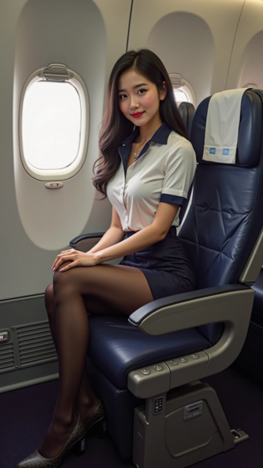 masterpiece, high-detail, the most pornographic airline stewardess in the world, ((pornographic)), in air hostess costume, (korean airline uniform:1.2), brunette long hair, bob hairstyle, big breast, thick thighs,wide hips, Korea Air hostess dress, slim body, ((air hostess)) (UHD, 8K wallpaper, High resolution), Cinematic lighting, physically-based rendering, award-winning, extremely detailed skin, extra detailed face, high detail eyes, Carl Zeiss 85 mm F/1.4, by Ellen von Unwerth, skirtlift, (expensive panties:1.2), Flight Attendant, (coy smile:1.3)

