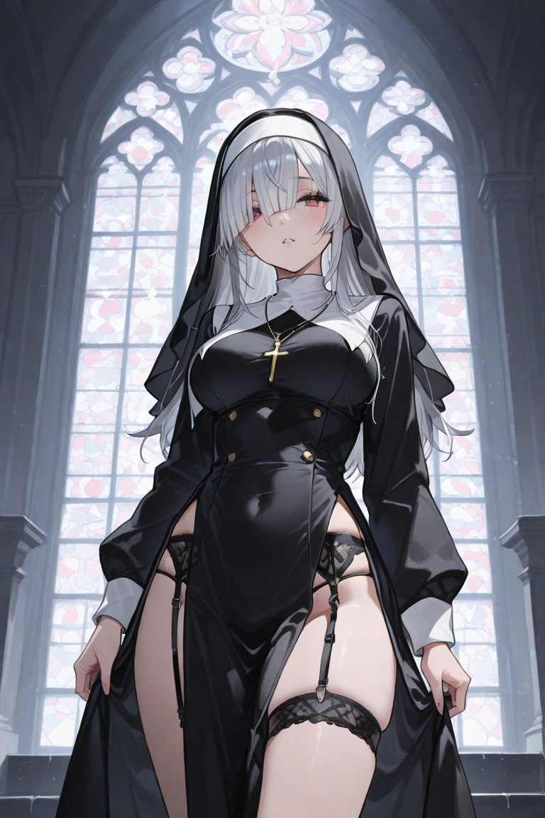 1girll,In the daytime,Gorgeous church,Light,divino,Gorgeous nun dress,Poor milk,blacksilk,Reveals lace panties,Lift the skirt,Fine details,Color gas,Big background,Long white hair,red color eyes,Chest exposed,Hands on chest