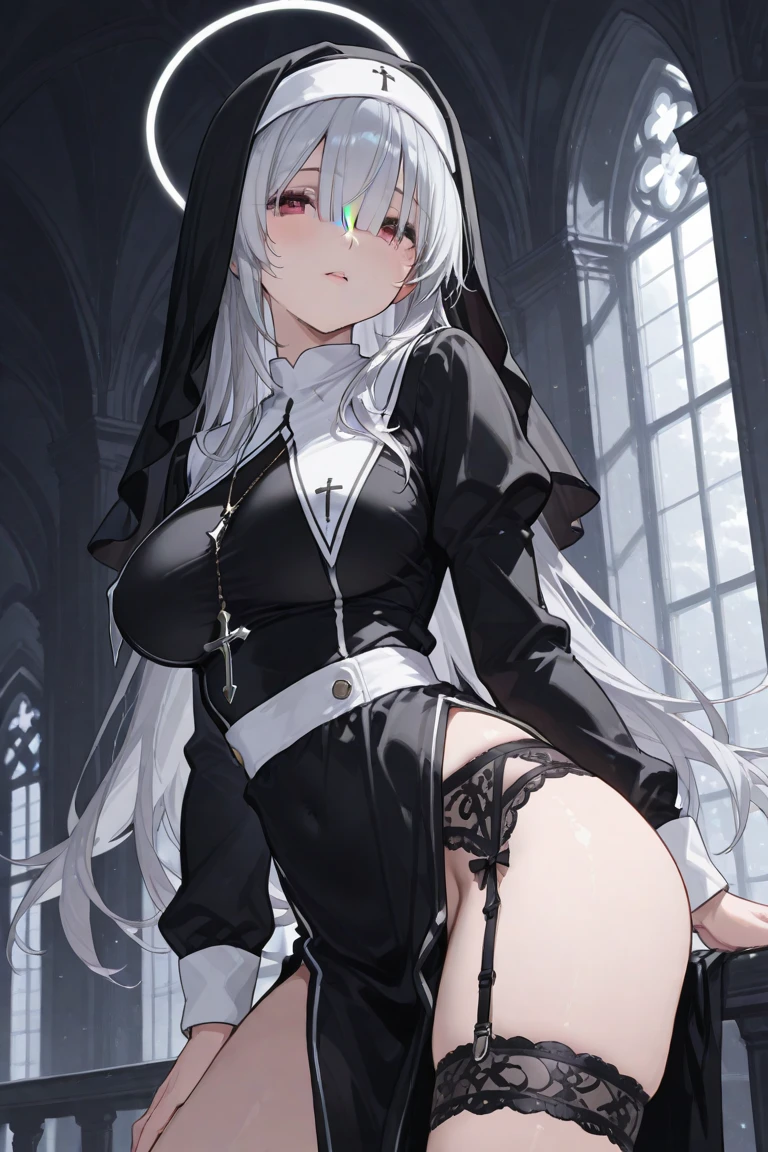 anime style girl 1,70 long light gray hair gray skin shark teeth and gray eyes and light gray pupils very thick and strong legs thick thighs, but without breasts (it's flat chest) posing to see her clothes in a classroom while wearing a very long black hooded cape that trails on the ground with the hood up a full body leotard with black boots ( arms and legs must be covered )