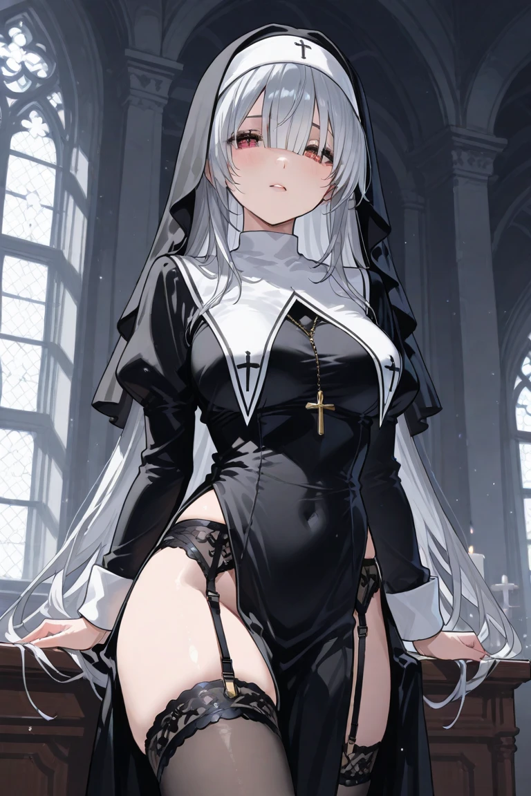 Masterpiece, top quality, best quality, official art, beautiful and aesthetic, anime, 1girl,extremely detailed, colorful, more detailed ((ultra-detailed)), (highly detailed CG illustration),Best Quality, High resolution, Unity 8k Wallpaper, (Illustration:0.8),extra detailed face,deteiled eyes,sharp, Perfect Lighting, extremely details CG, (Perfect hands, Perfect Anatomy), church, benches, icons, candles, dark light, crosses, 1girl, nun,long white hair,big green eyes,long robe,small breast,skinny fit, small ass,long legs,stockings,stocking suspenders,thighs,heels,in middle,looking in camera,from below.