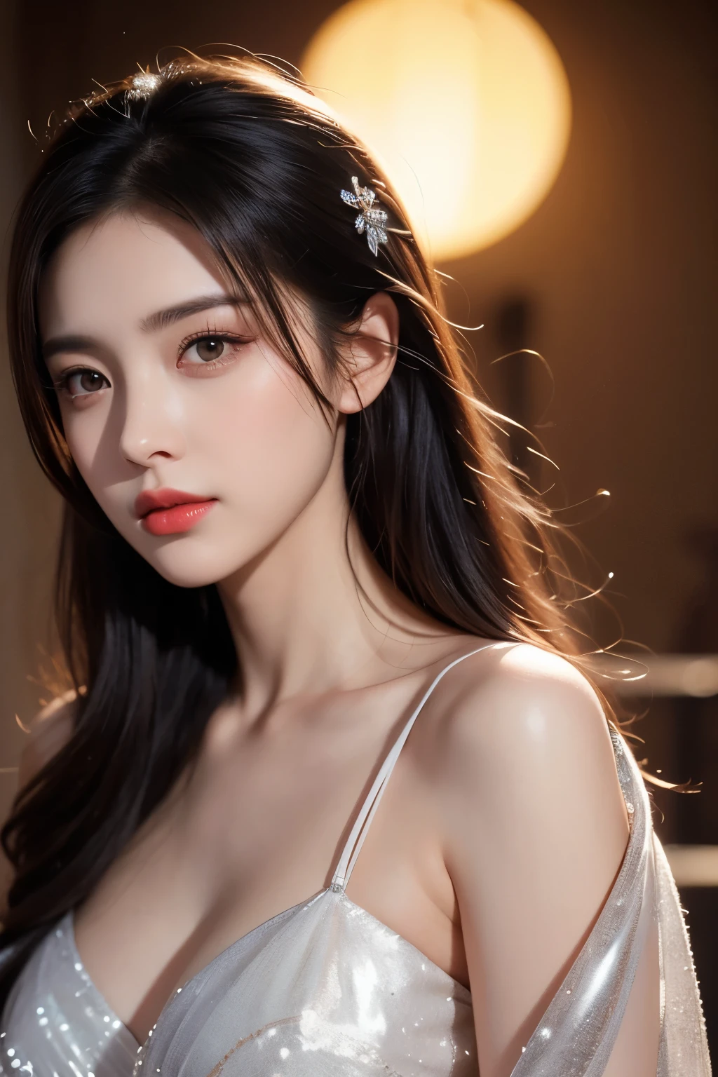 20-year-old sexy model, mix4, Black lace shirt, White pleated skirt, cropped shoulders, A plump chest, slender leg, Lie down in bed, Pose for photos in bed, best qualtiy, 超高分辨率, lighting perfect, ssmile, ((Satellite view, Bird's eye view))