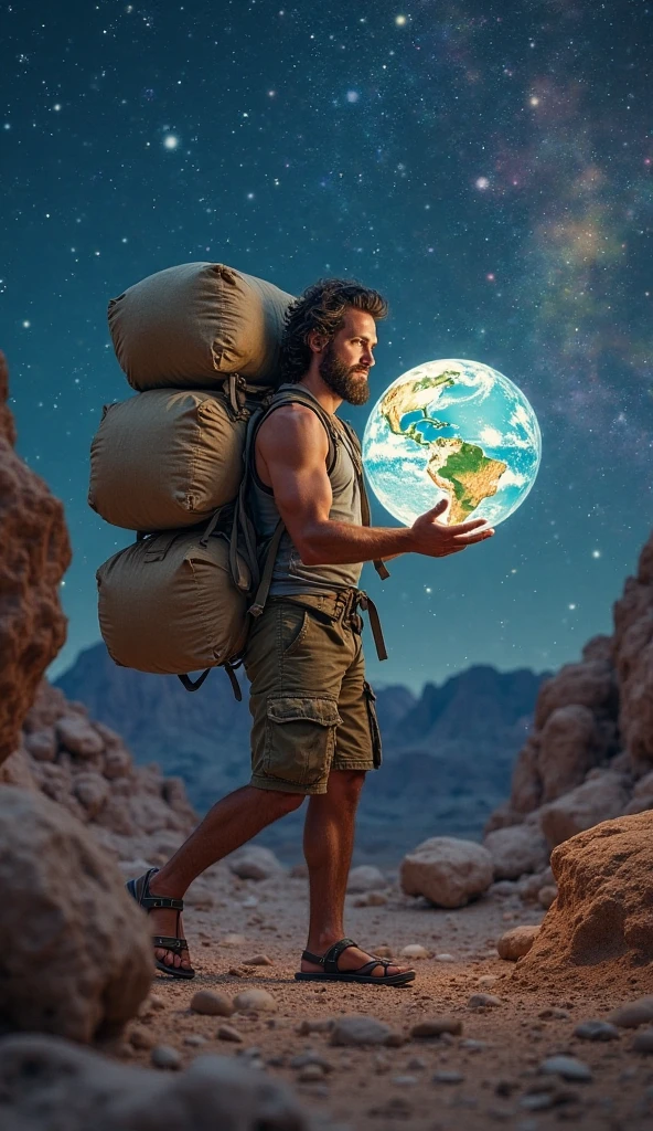 man carrying seed plus bags, He can hardly handle more bags, but he starts working out and gets stronger to carry more bags, stronger and bigger., even more so when you hold planet Earth in your hand, it's in the galaxy
