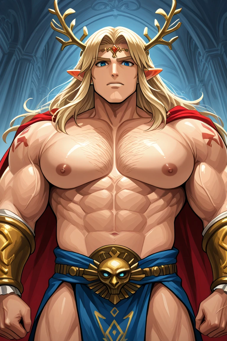 (masterpiece), 1 boy, link (the legend of zelda), blue eyes, blond hair, With bare upper body, muscular, large chest muscles, big arms, Arms above the head, Armpits, blush, nervous, Muscles, strong man, masculine, ((Bodybuilder)), ((((extrem muscular)))), (( musculare Beine , musculare Arme, muscularer Oberkörper, musculare Bauchmuskeln , musculare Schultern, )), angry, (combat stance:1.2), ((1boy))