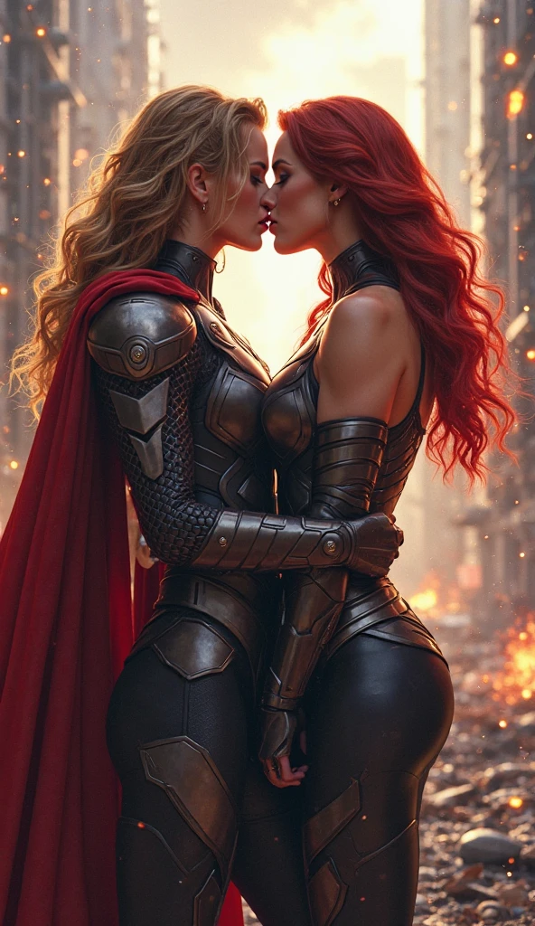 2woman kissing, Dark Phoenix (Sophie Turner, red hair) kissing Magik (Anya Taylor-Joy, blonde with bangs) in the X-Men's danger room, ?????, side view