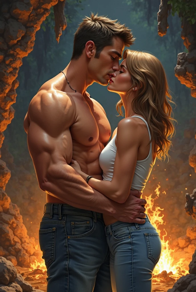 (masterpiece, best quality, beautiful anime art:1.4), full_body_shot, natural light, highly detailed, ultra realistic, 8k, shirtless male bodybuilder, wearing jeans, epic action scene, exploding building in background, explosion, action, holding sexy woman in his arms, ((holding woman)), hero