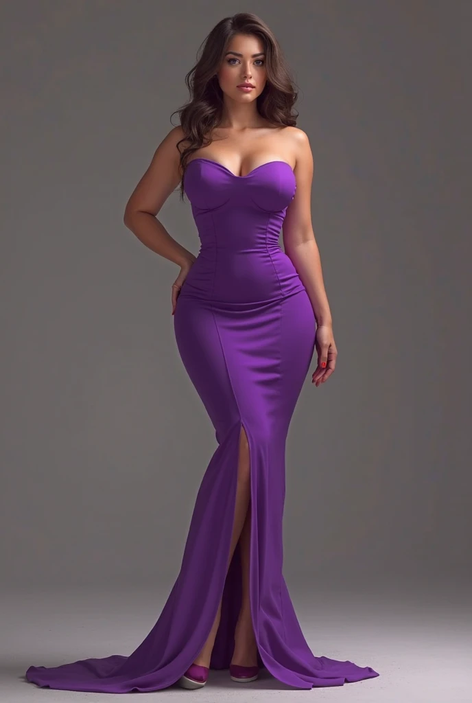Sexy dress, She wore a purple dress, Dressed in elegant dresses, Purple dress, Full body picture, sophisticated dress, Purple dress, Long dress, opened dress, Dressed in purple, very sexy outfit, Purple attire, Sexy look, Wearing a tight purple dress