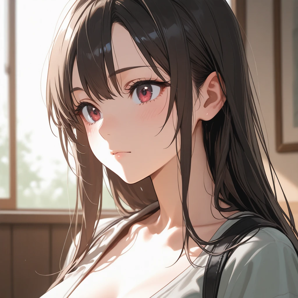 side angle, Realistic, real person, (pale skin: 1.2), upper body, RAW photo, photorealistic, shiny skin, shiny hair、(A 35-year-old woman with medium-length hair and bangs) and (wavy hair) and (brown hair) and (Orange Eyes) , (white:1.5) and (blouse) 、Cleavage、(blush:1.5), smile, The background is the living room at night、illumination、Alone、Are standing